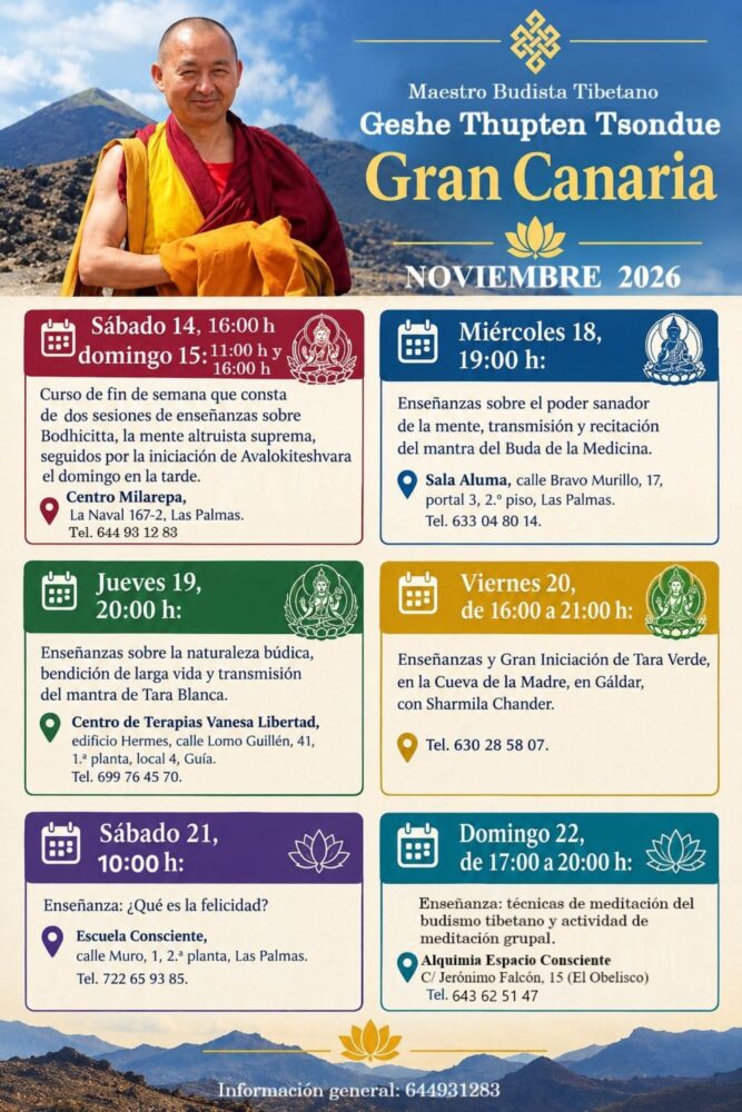 Event image for Monje Tibetano ofrece enseñanzas en Gran Canaria – Varias localidades comenzando en el Centro Milarepa, Gran Canaria